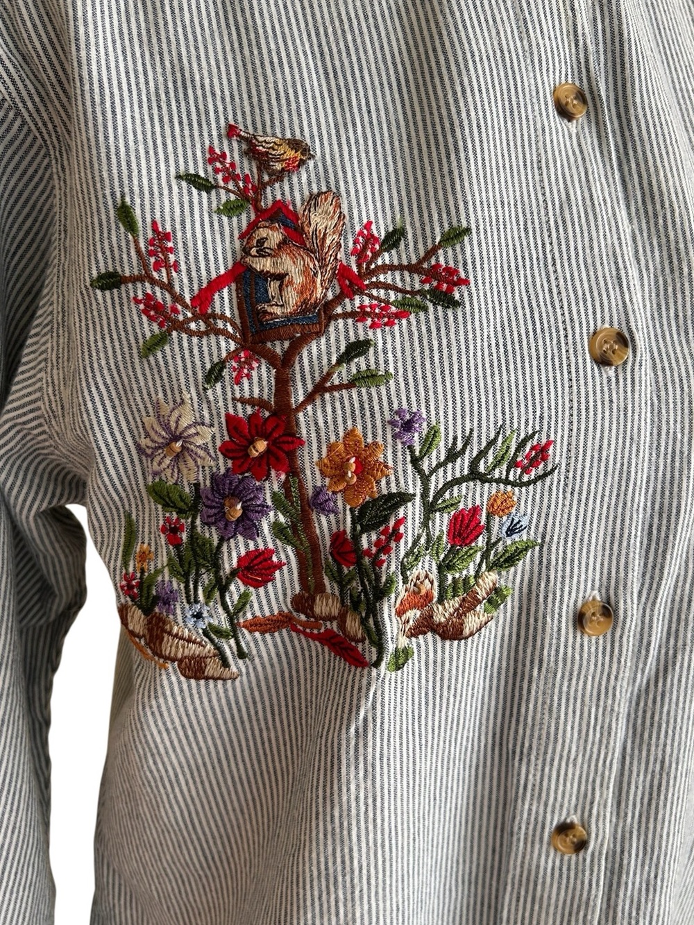 Vintage CottageCore GardenCore Striped Blue Embroidered Button-Up Shirt - Size S - Picture 3 of 11